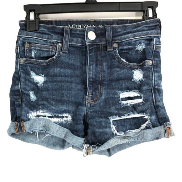 AMERICAN EAGLE Hi-Rise Shortie Jean Shorts Denim Shorts Stretch Distressed 00 - Picture 1 of 7